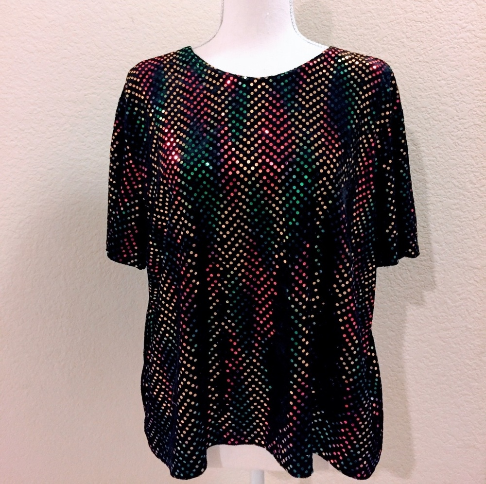 Rainbow Sequins Black Velvet Top Vintage
